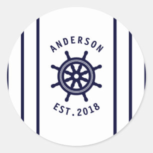 Nautical Wheel And Navy Blue Striped Maritime Classic Round Sticker