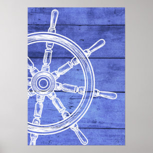 Nautical wheel blue poster