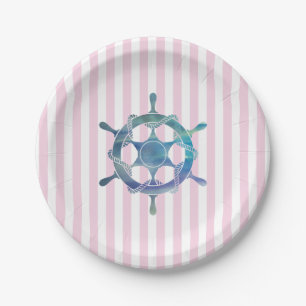 Nautical Wheel Coastal Stripe Paper Plates