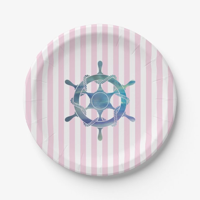 Nautical Wheel Coastal Stripe Paper Plates (Front)