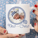 Nautical Wheel New to the Crew Birth Announcement Coffee Mug<br><div class="desc">Newborn baby photo gift for the new crew member or as an announcement gift to friends and family. Add your photo to this nautical design with rope photo frame and captain wheel in blue and white colour palette. You can add baby's name, date of birth and any other birth stats....</div>