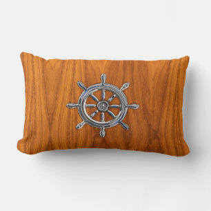 Nautical Wheel on Teak Veneer Lumbar Cushion