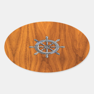 Nautical Wheel on Teak Veneer Oval Sticker
