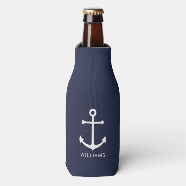 Nautical White Anchor and Custom Name on Navy Blue Bottle Cooler (Bottle Front)
