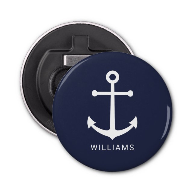 Nautical White Anchor and Custom Name on Navy Blue Bottle Opener (Front)
