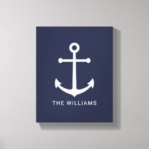 Nautical White Anchor and Custom Name on Navy Blue Canvas Print