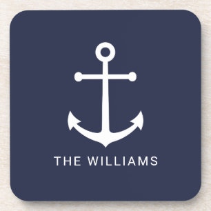 Nautical White Anchor and Custom Name on Navy Blue Coaster