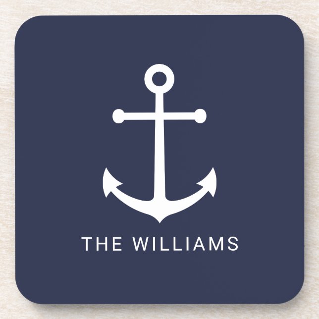 Nautical White Anchor and Custom Name on Navy Blue Coaster (Front)