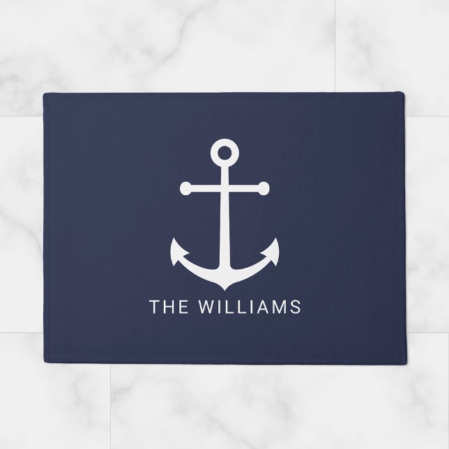 Nautical White Anchor and Custom Name on Navy Blue Doormat (Creator Uploaded)