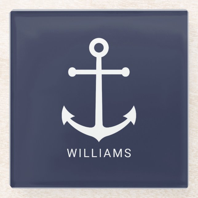 Nautical White Anchor and Custom Name on Navy Blue Glass Coaster (Front)