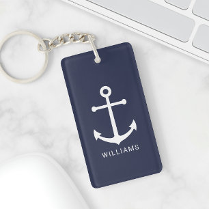 Nautical White Anchor and Custom Name on Navy Blue Key Ring