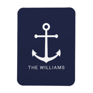 Nautical White Anchor and Custom Name on Navy Blue Magnet