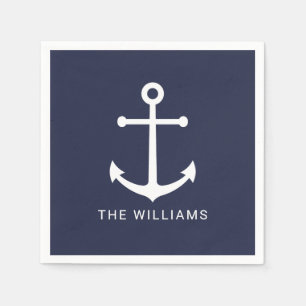 Nautical White Anchor and Custom Name on Navy Blue Napkin