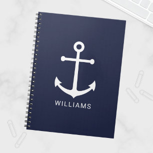 Nautical White Anchor and Custom Name on Navy Blue Notebook