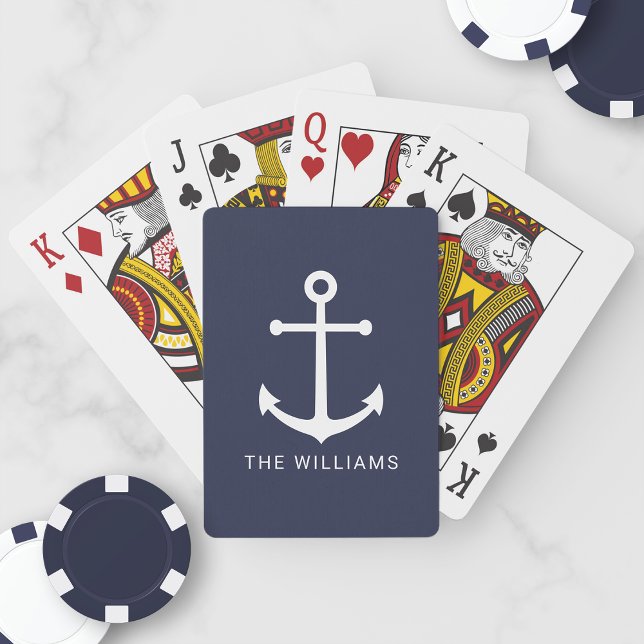 Nautical White Anchor and Custom Name on Navy Blue Playing Cards (Creator Uploaded)