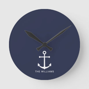 Nautical White Anchor and Custom Name on Navy Blue Round Clock