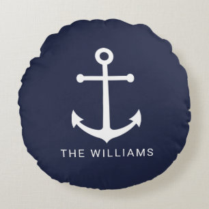 Nautical White Anchor and Custom Name on Navy Blue Round Cushion