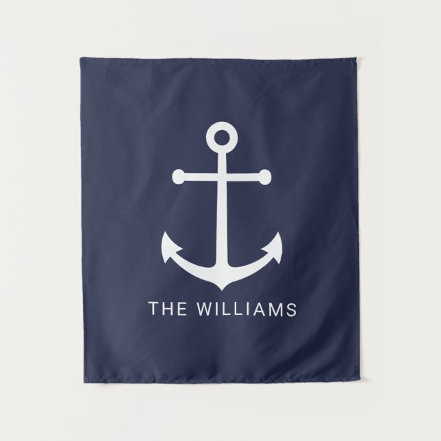 Nautical White Anchor and Custom Name on Navy Blue Tapestry (Front)