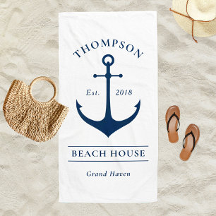 Nautical White Anchor Beach House Monogram Towel