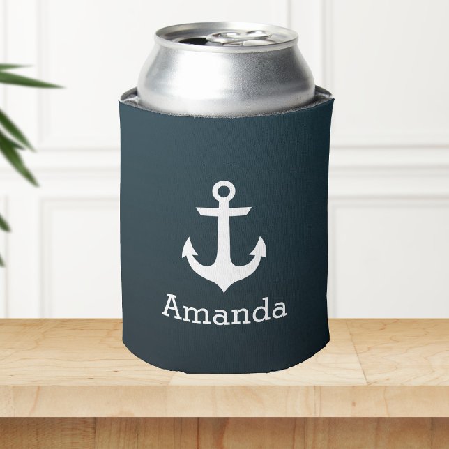 Nautical White Anchor Blue Ombre Personalised Name Can Cooler (Creator Uploaded)