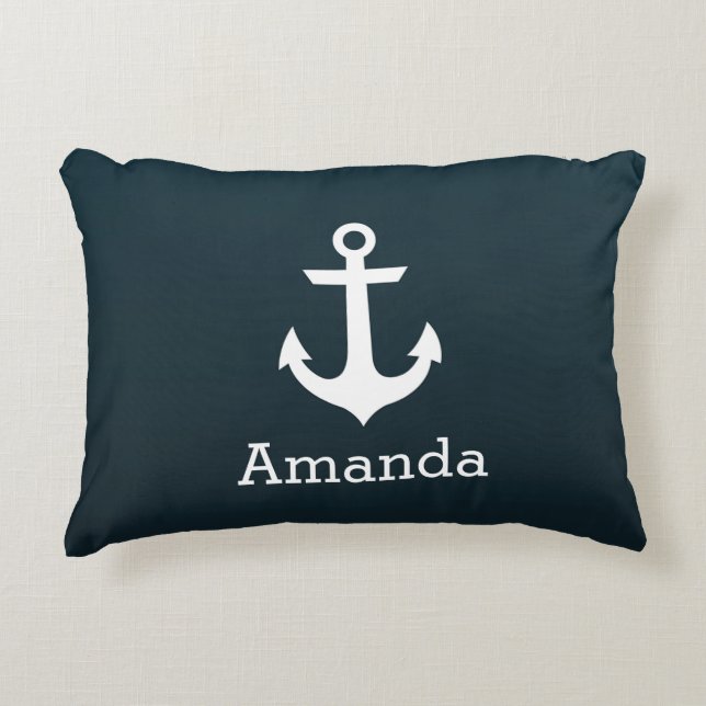 Nautical White Anchor Blue Ombre Personalised Name Decorative Cushion (Front)