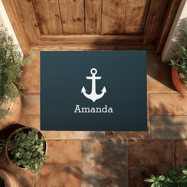 Nautical White Anchor Blue Ombre Personalised Name Doormat (Creator Uploaded)