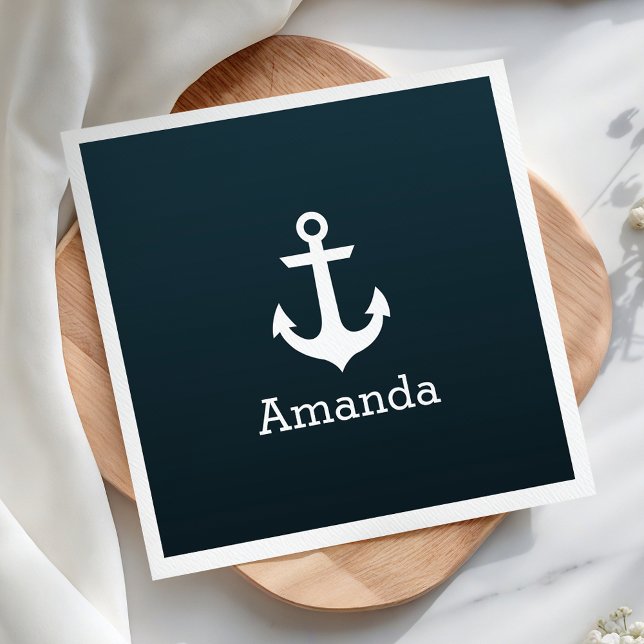 Nautical White Anchor Blue Ombre Personalised Name Napkin (Creator Uploaded)