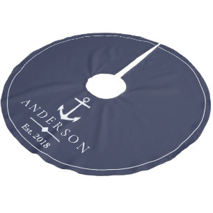 Nautical White Anchor & Navy Blue   Personalised Brushed Polyester Tree Skirt