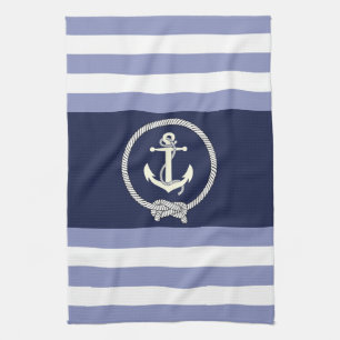 Nautical white anchor/navy knot/blue/white stripe tea towel