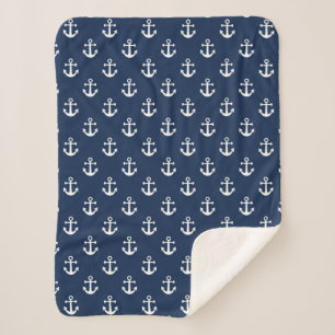 Nautical white anchor on a navy blue background sherpa blanket
