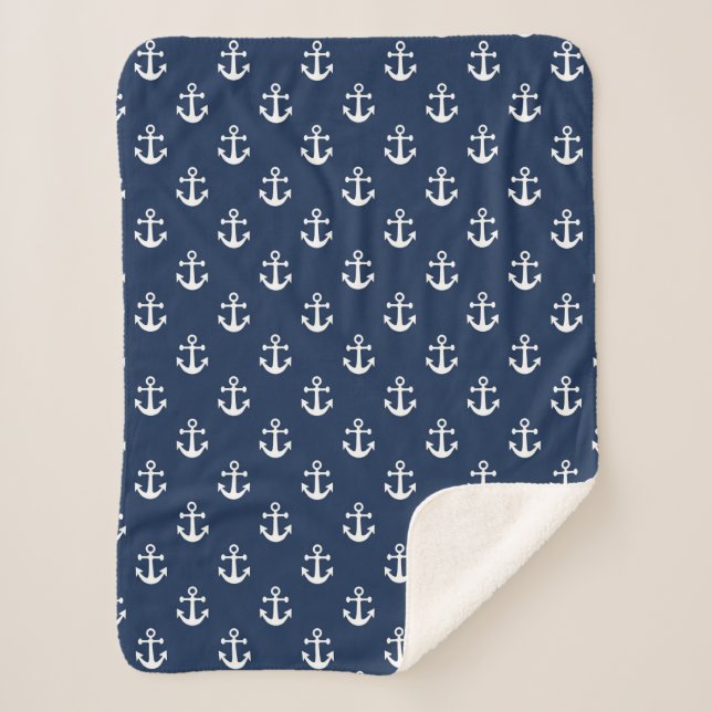 Nautical white anchor on a navy blue background sherpa blanket (Front)
