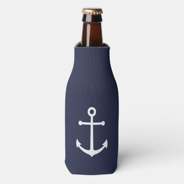 Nautical White Anchor on Navy Blue Bottle Cooler (Bottle Front)