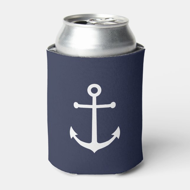 Nautical White Anchor on Navy Blue Can Cooler (Can Front)