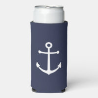 Nautical White Anchor on Navy Blue Can Cooler