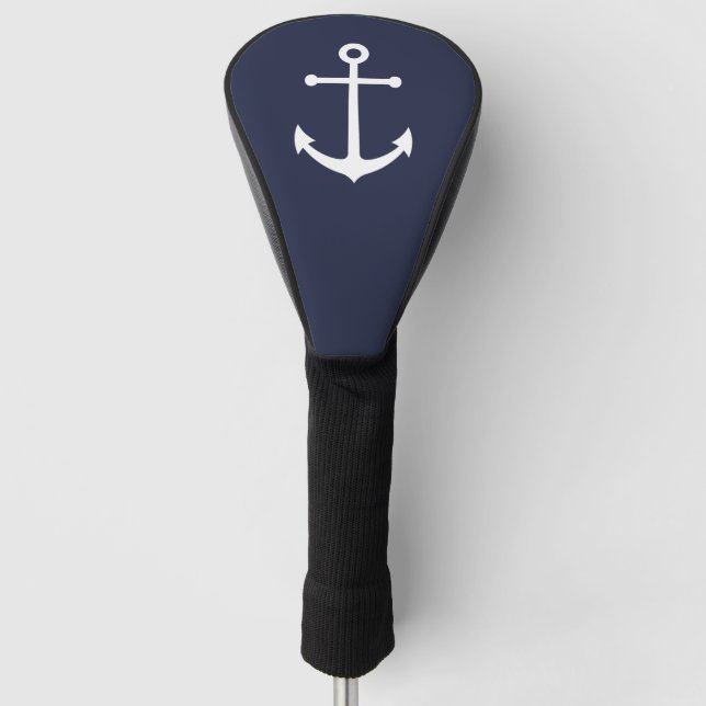 Nautical White Anchor on Navy Blue Golf Head Cover (Front)