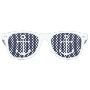 Nautical White Anchor on Navy Blue Retro Sunglasses