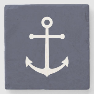 Nautical White Anchor on Navy Blue Stone Coaster