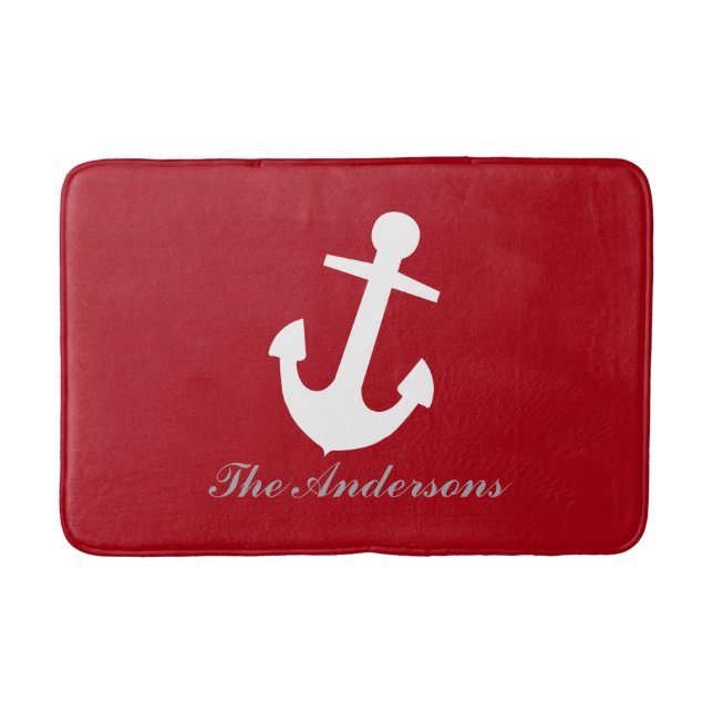 Nautical White Anchor on Red, Personalised Bath Mat (Front)