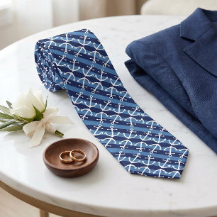 Nautical White Anchor Pattern Azure Blue Stripes Tie