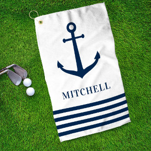 Nautical White Anchor Stripe Monogram Name Golf Towel