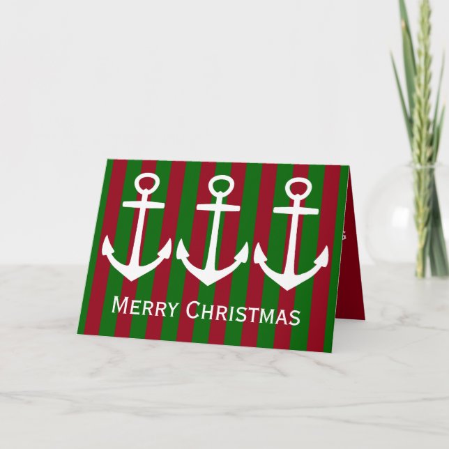 Nautical White Anchors on Red and Green Stripes Holiday Card (Front)