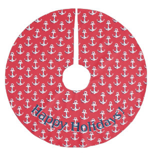 Nautical White Anchors on Red Customisable Message Brushed Polyester Tree Skirt
