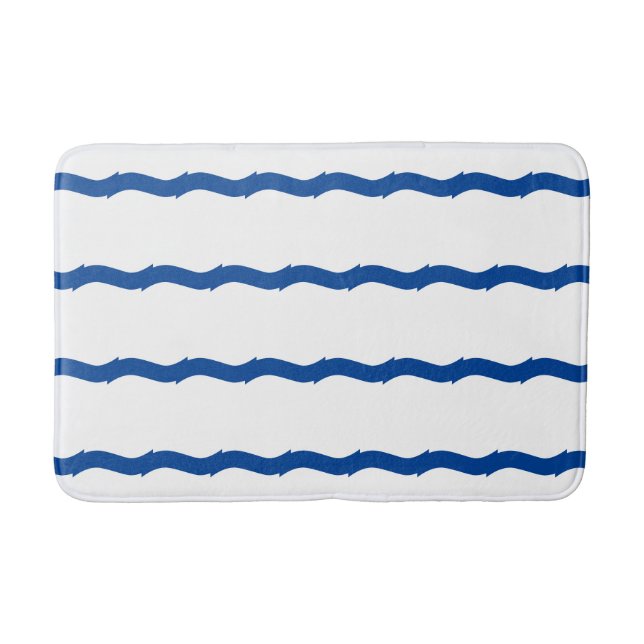 Nautical white and blue sea waves pattern modern bath mat (Front)