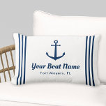 Nautical White and Navy Custom Boat Name Lumbar Cushion<br><div class="desc">Nautical lumbar throw pillow in a horizontal format features an elegant boat anchor with preppy horizontal stripes. Personalise the custom text with your boat name and location. Design includes a classic coastal white and navy blue colour scheme. Two-sided pillow is available in indoor and outdoor fabric options.</div>