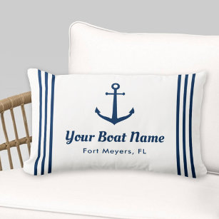 Nautical White and Navy Custom Boat Name Lumbar Cushion