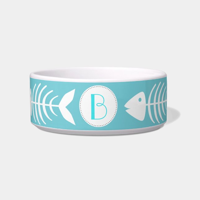 Nautical White Fish Bones in Cyan Blue Bowl (Front)