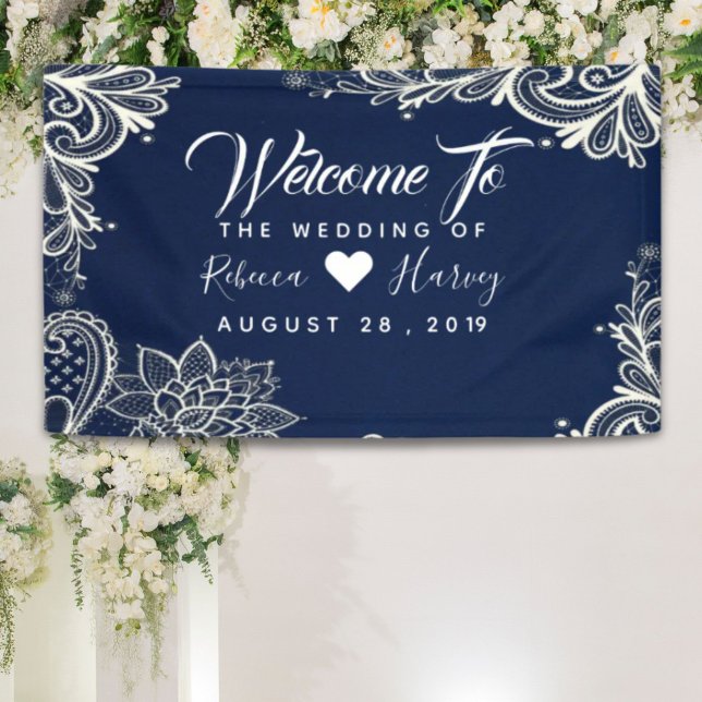 nautical white lace navy blue wedding banner (nautical white lace navy blue wedding banner)