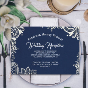nautical white lace navy blue wedding reception invitation