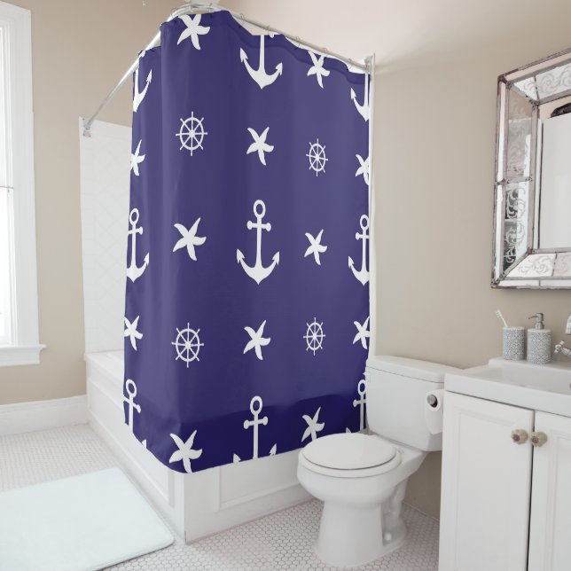 Nautical White Marine Elements on Navy Blue    Shower Curtain (In Situ)