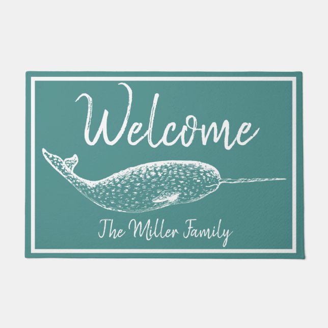 Nautical White Narwhal - Personalised Doormat (Front)